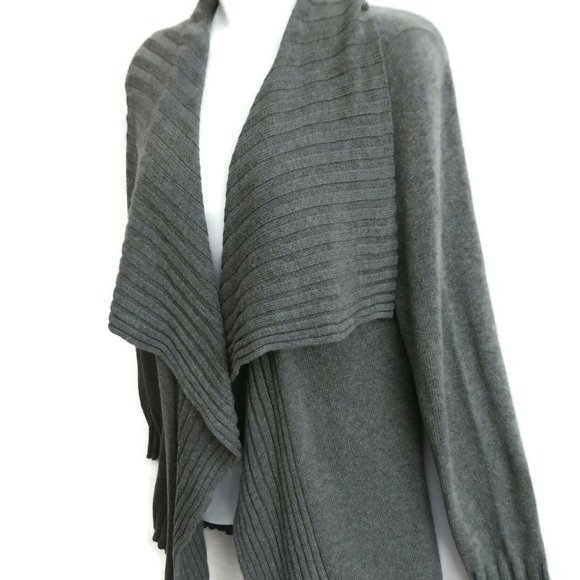 Organic Cotton Eileen Fisher Cardigan Long Waterfall Gray Ribbed Knit Cuffs Hem - Picture 2 of 6
